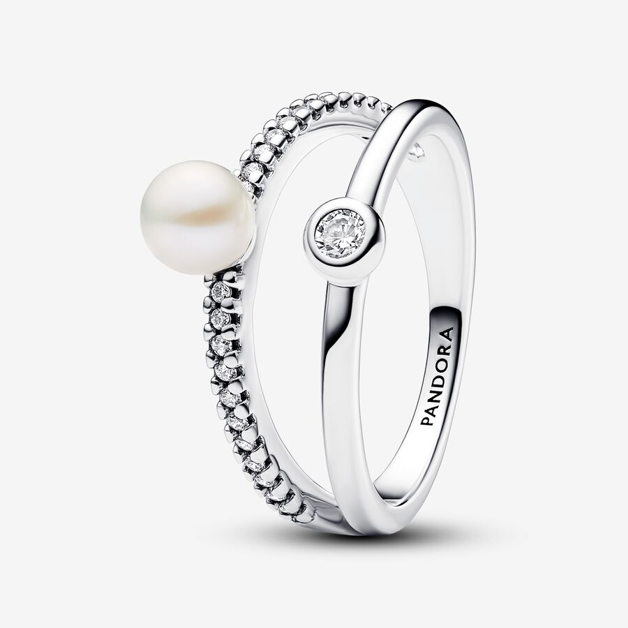 Dvojitý prsteň s opracovanou kultivovanou sladkovodnou perlou a pavé image number 0