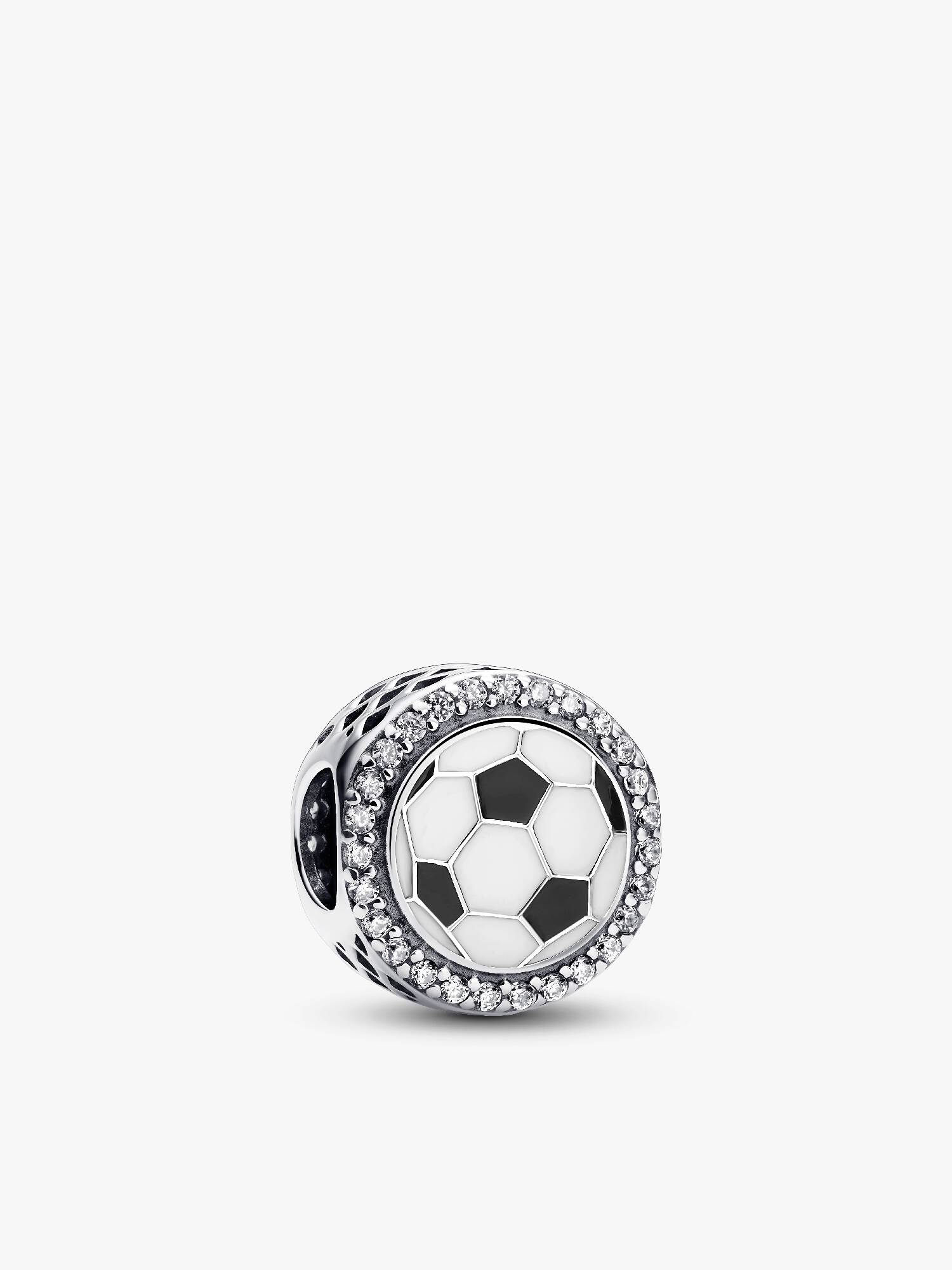 Soccer ball sterling silver charm with clear cubic zirconia, white and black enamel